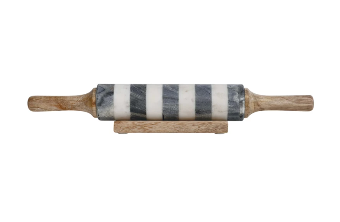 Marble Striped Rolling Pin w/ Mango Wood Handles & Stand