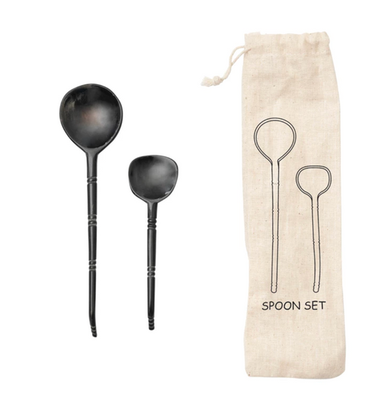 Horn Spoons, Set of 2 in Printed Drawstring Bag