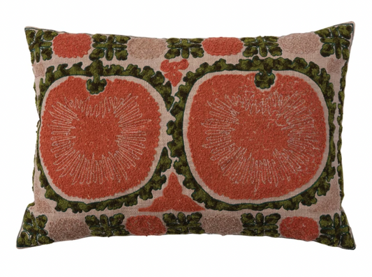 Cotton Slub Embroidered Lumbar Pillow w/ Design & Chambray Back, Polyester Fill