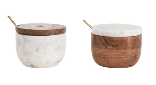 Marble and Acacia Wood Bowl with Lid and Brass Spoon, Set of 2, 2 Styles
