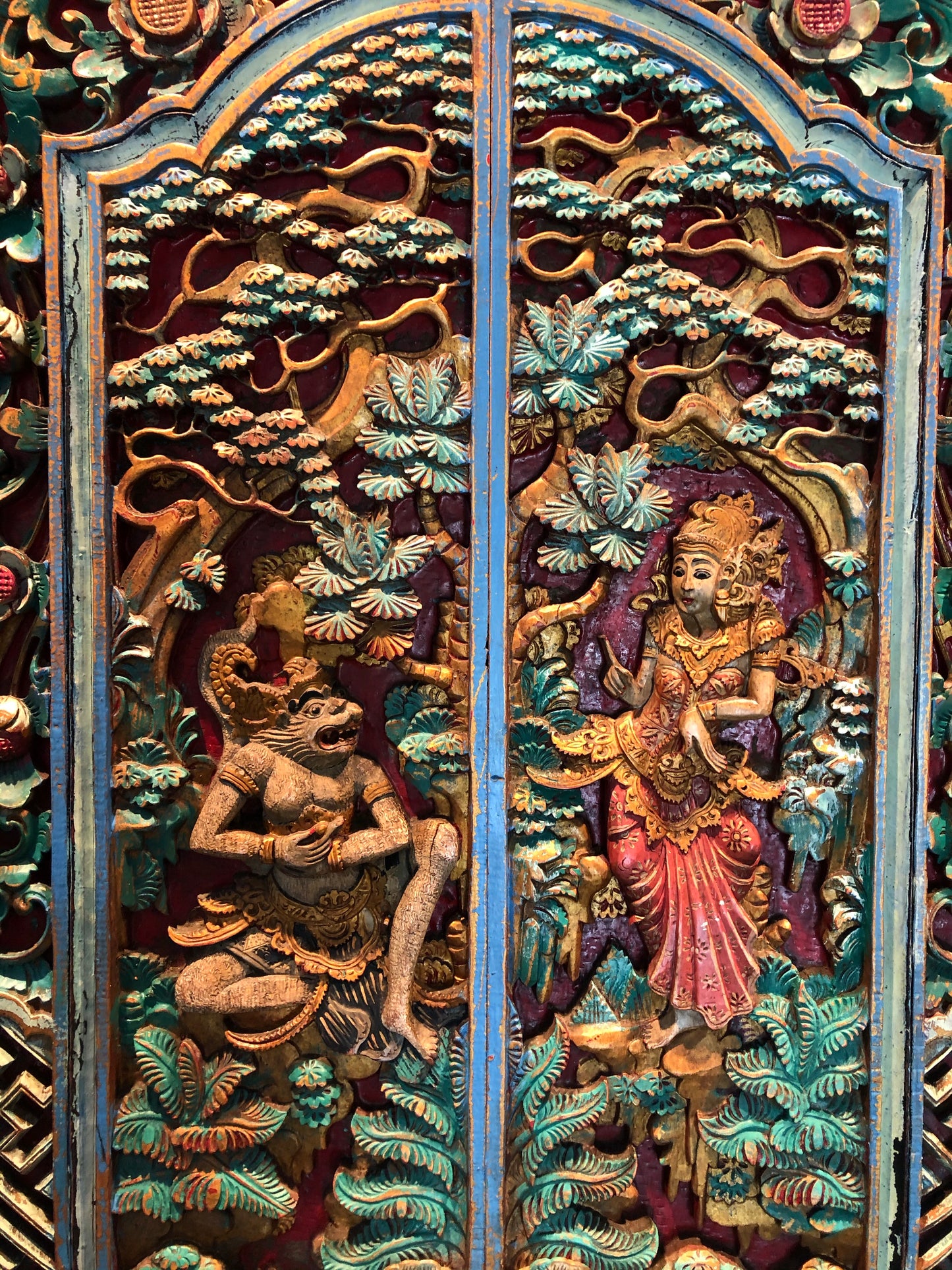 Bali Door with Red Lotus Flowers 25 3/4” x 691/4” Pantry Door